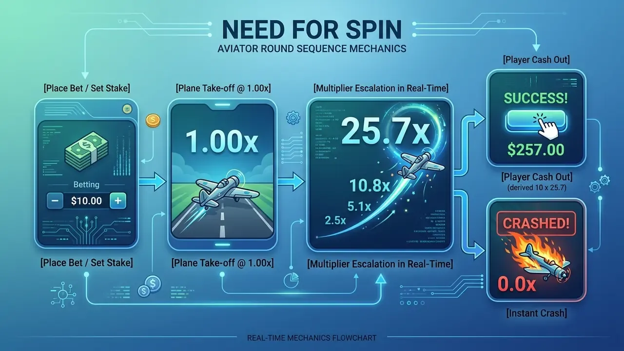 aviator game round flow diagram illustrating real-time cash out vs crash events